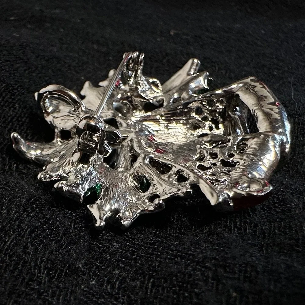 Christmas Bell Brooch Silver Tone Red Holiday Rhinestone‎